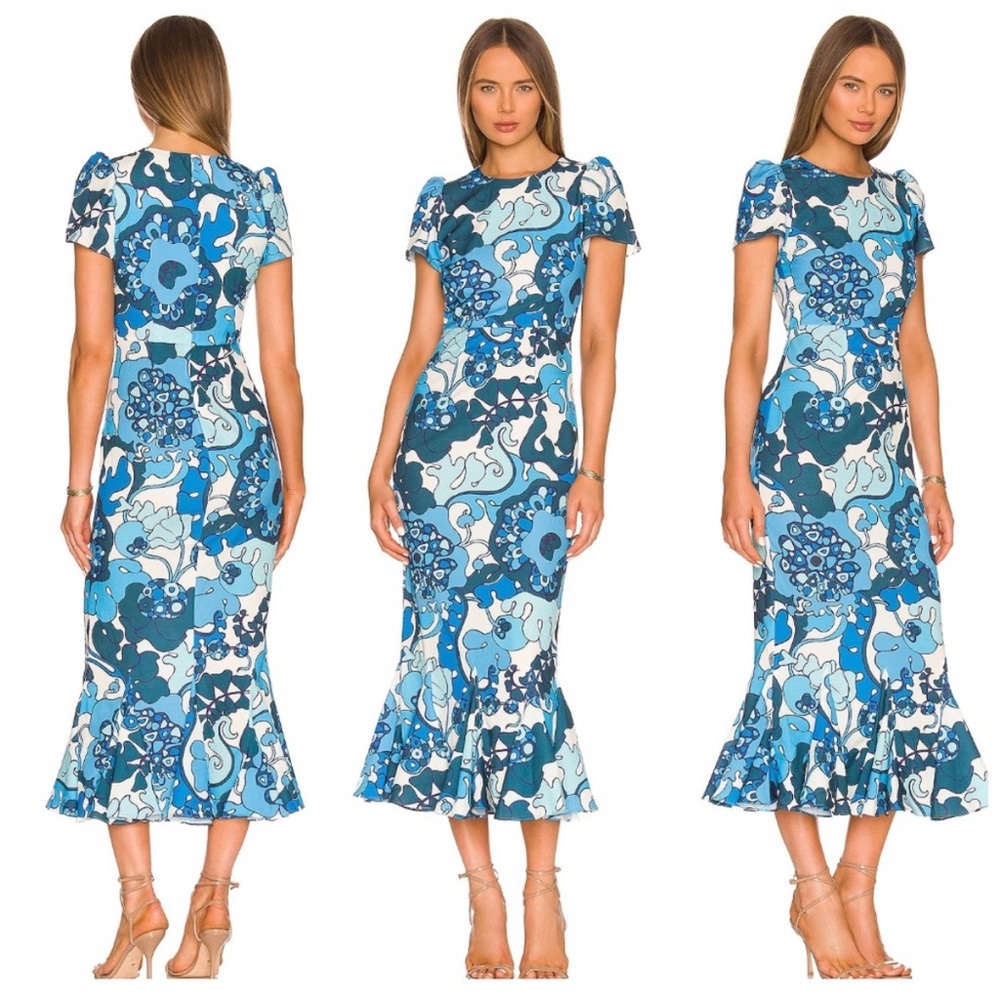 Rhode Lulani Dress Woodstock Blue Floral Print Size 4 Small Psychedelic